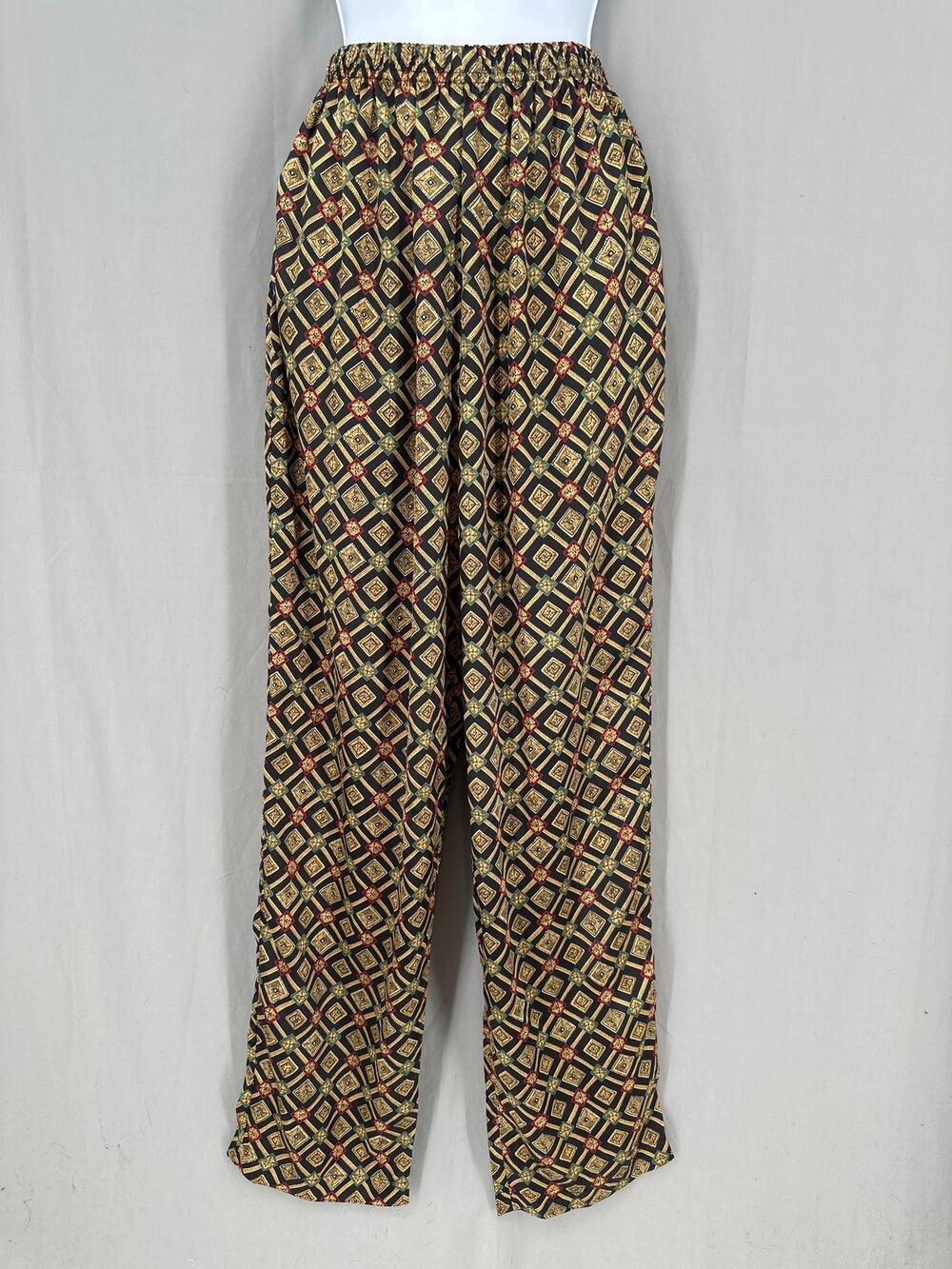 Y2K Vintage Victorias Secret Pants Small Black Satin Gold Print 90s High Rise